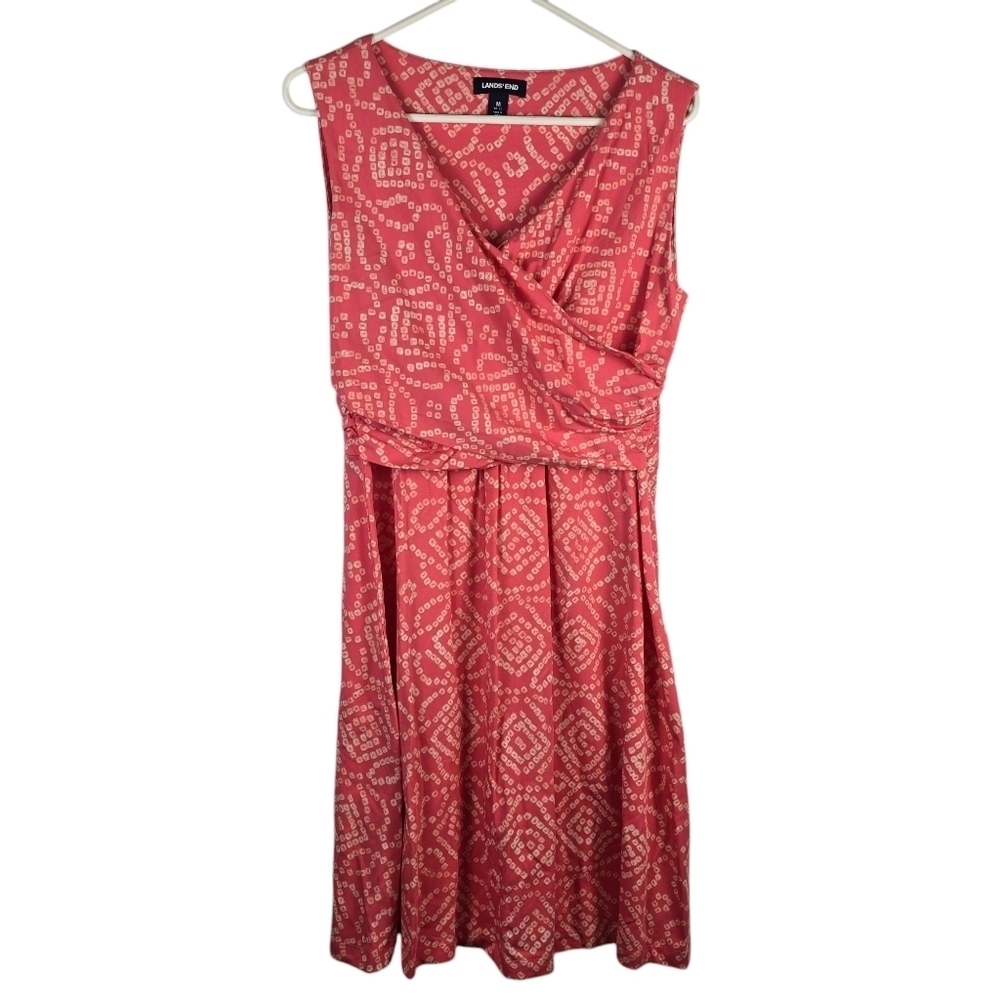 NWOT Lands' End Women's Surplice Faux Wrap Midi Dress Coral Dot Print Size M